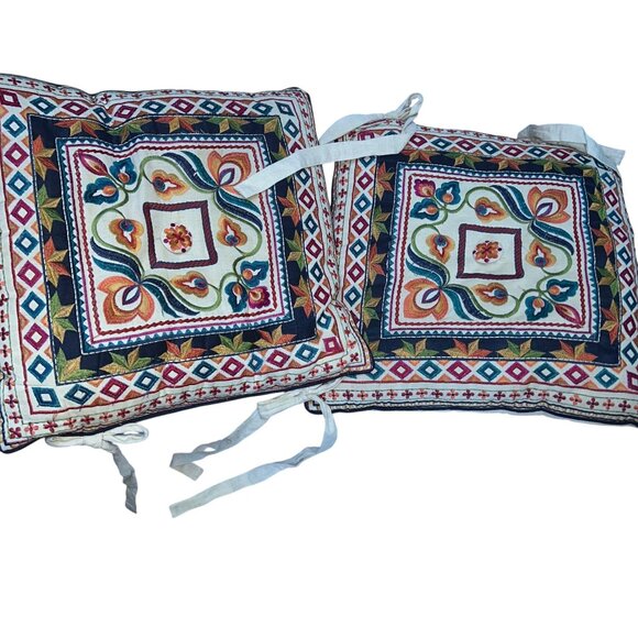 Pier One vintage ALL EMBROIDERED festive pair 2 chair seat cushion pillows - Picture 1 of 7